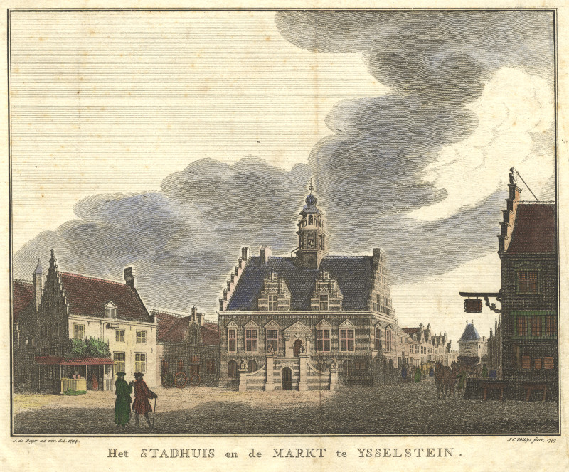 afbeelding van prent Het Stadhuis en de Markt te Ysselstein van J.C. Philips, J. de Beijer (IJsselstein)