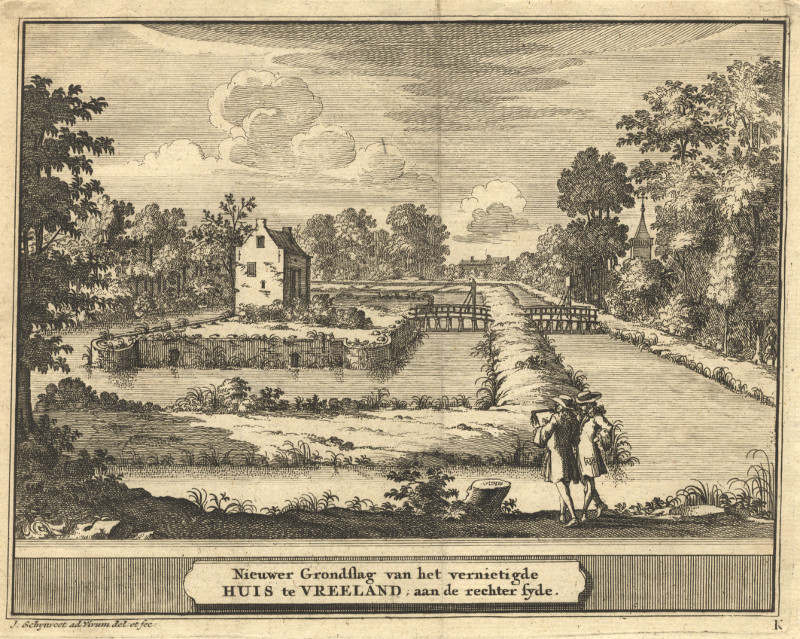 afbeelding van prent Nieuwer Grondslag van het vernietigde Huis te Vreeland; aan de rechter syde van J. Schijnvoet, naar R. Roghman (Vreeland)