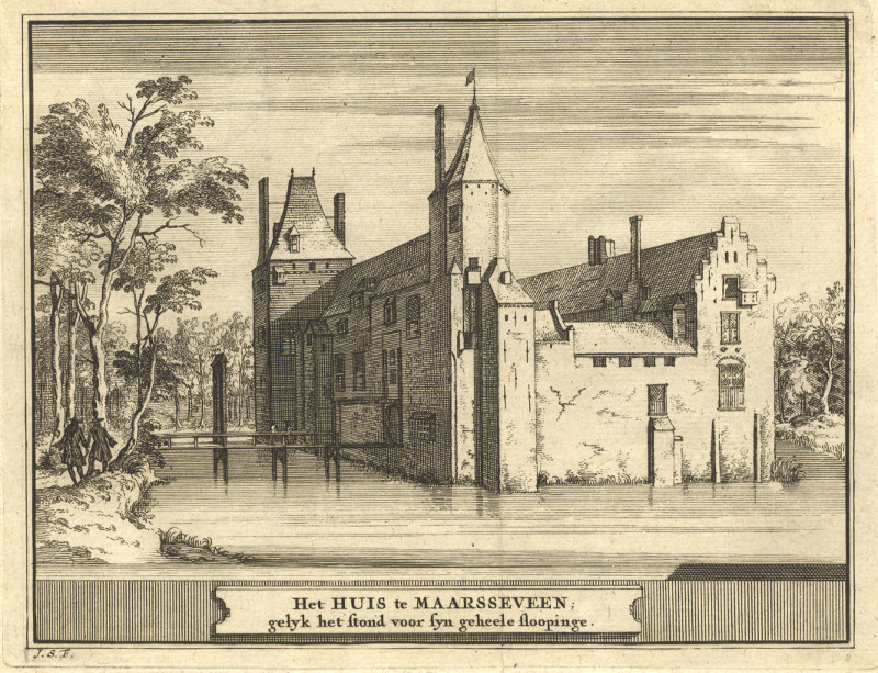 afbeelding van prent Het Huis te Maarsseveen; gelyk het stond voor syn geheele sloopinge van J. Schijnvoet, naar H. Gerritsz (Maarssen)
