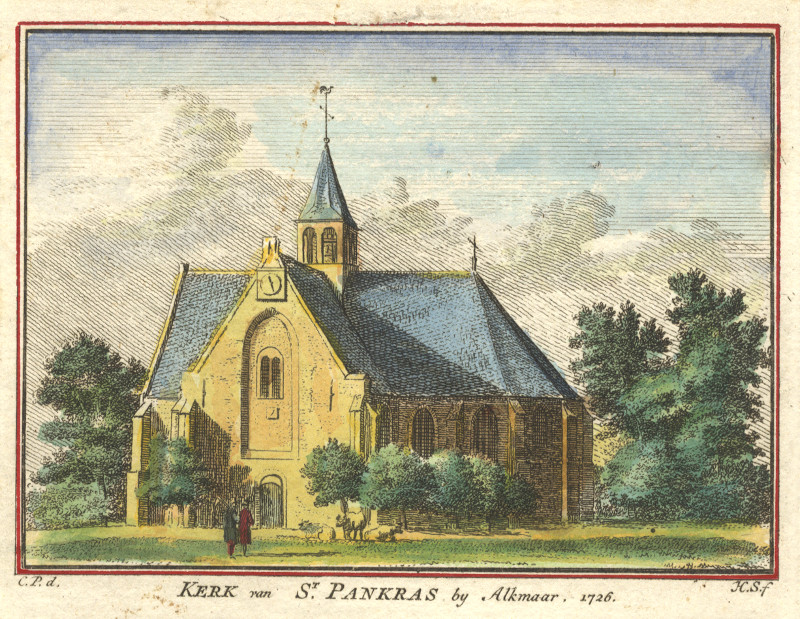 afbeelding van prent Kerk van St. Pankras by Alkmaar 1726 van H. Spilman, C. Pronk (Sint Pancras)
