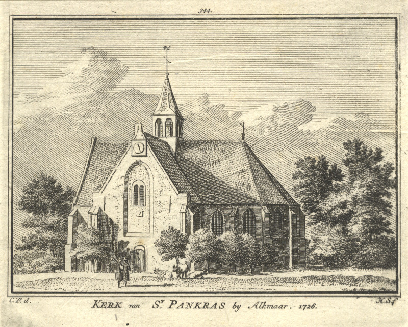 afbeelding van prent Kerk van St. Pankras by Alkmaar 1726 van H. Spilman, C. Pronk (Sint Pancras)