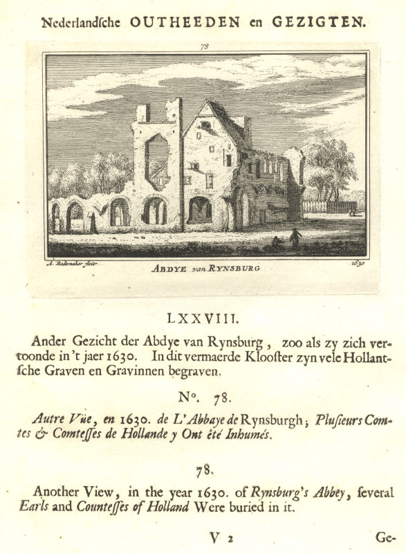 afbeelding van prent Abdye van Rynsburg 1630 van A. Rademaker (Rijnsburg)