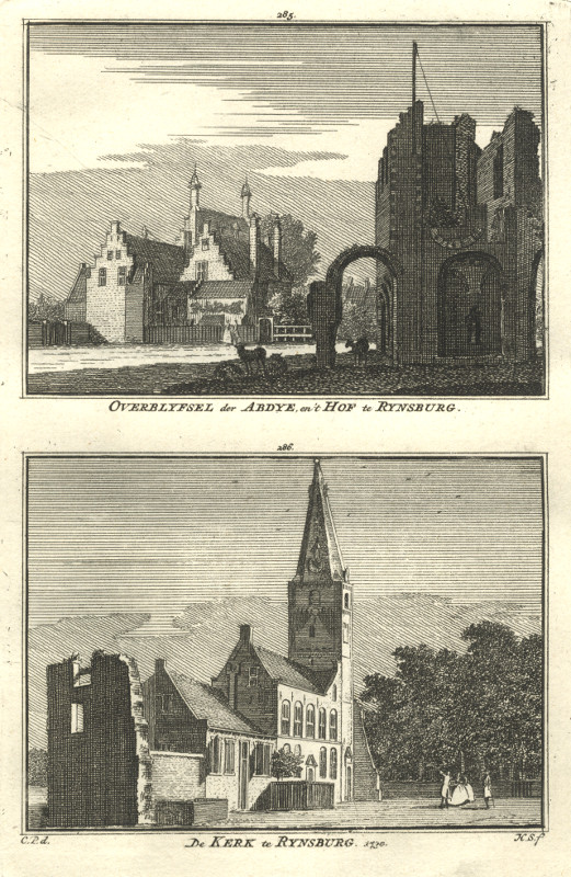 afbeelding van prent Overblyfsel der Abdye en ´t Hof te Rynsburg; De kerk te Rynsburg van H. Spilman, C. Pronk (Rijnsburg)