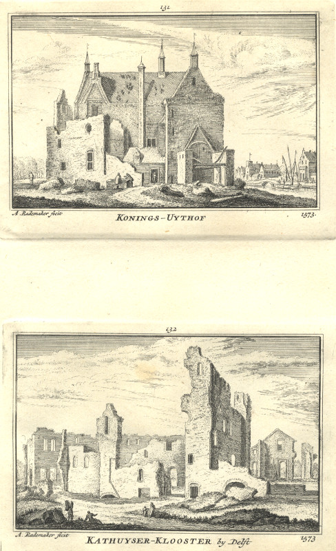 afbeelding van prent Konings-Uythof 1573, Kathuyser-Klooster by Delft 1573 van A. Rademaker (Delft)