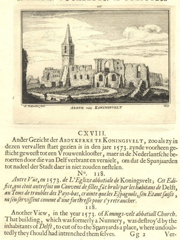 afbeelding van prent Abdye van Koningsvelt 1573 van A. Rademaker (Delft)