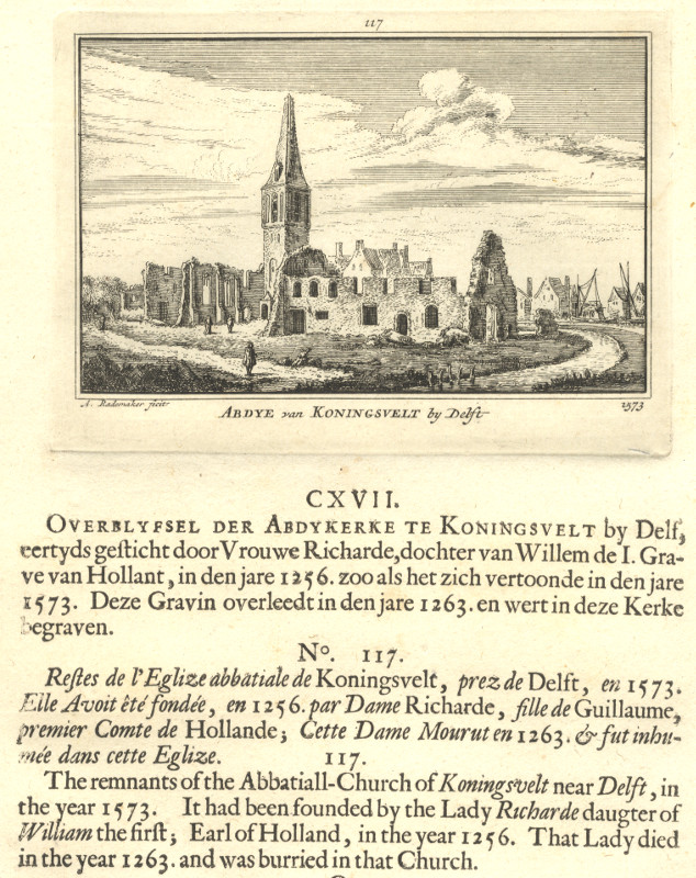 afbeelding van prent Abdye van Koningsvelt 1573 van A. Rademaker (Delft)