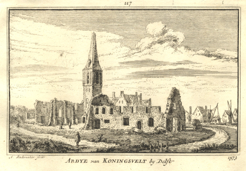 afbeelding van prent Abdye van Koningsvelt by Delft 1573 van A. Rademaker (Delft)