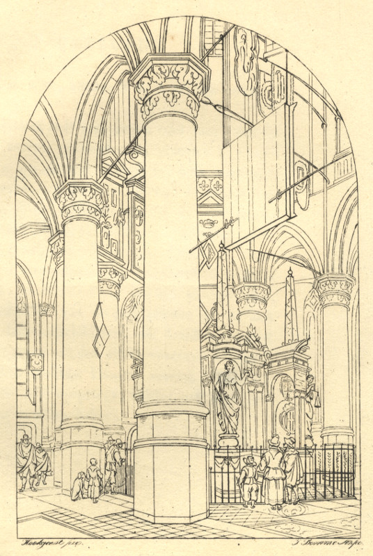 afbeelding van prent      Interieur van de Nieuwe Kerk in Delft met de graftombe van Willem de Zwijger van G. Bemme? naar Gerard Houckgeest (Delft)