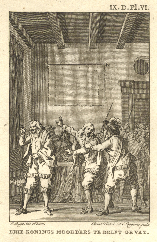afbeelding van prent Drie Konings Moorders te Delft gevat van R. Vinkeles en J. Bogerts naar J. Buys (Delft)