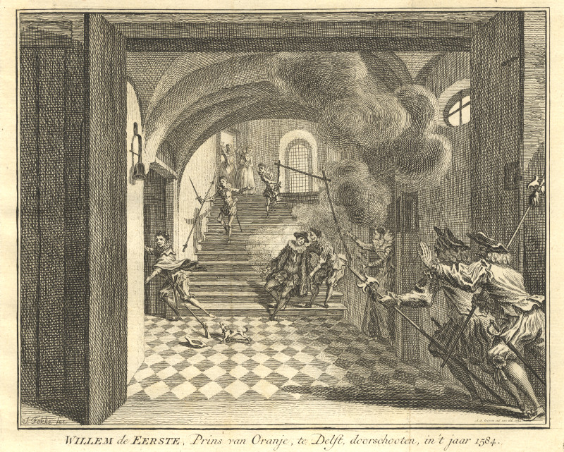 afbeelding van prent Willem de Eerste, Prins van Oranje, te Delft, doorschooten, in ´t jaar 1584 van Simon Fokke, naar Aert Schouman (Delft)