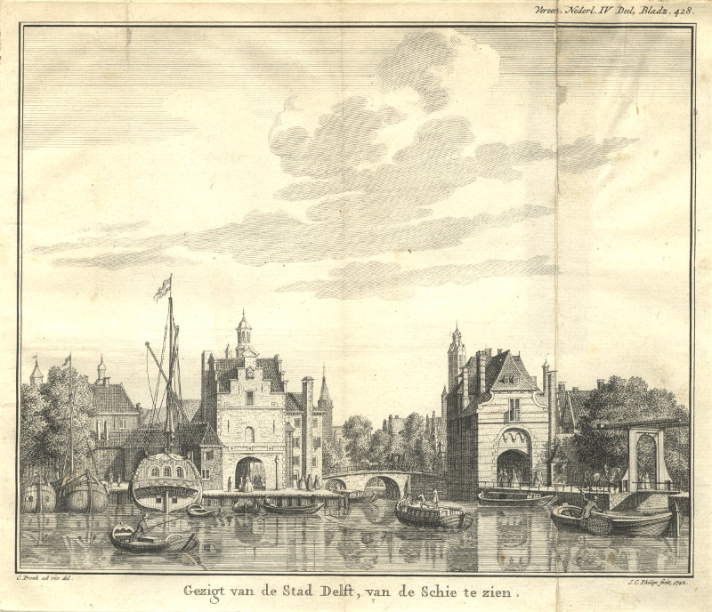 afbeelding van prent Gezigt van de Stad Delft, van de Schie te zien. van C. Pronk, J.C. Philips (Delft)