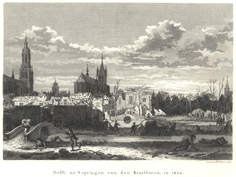 afbeelding van prent Delft, na ´t springen van den Kruittoren, in 1654 van C.L. van Kesteren naar S. Fokke (Delft)