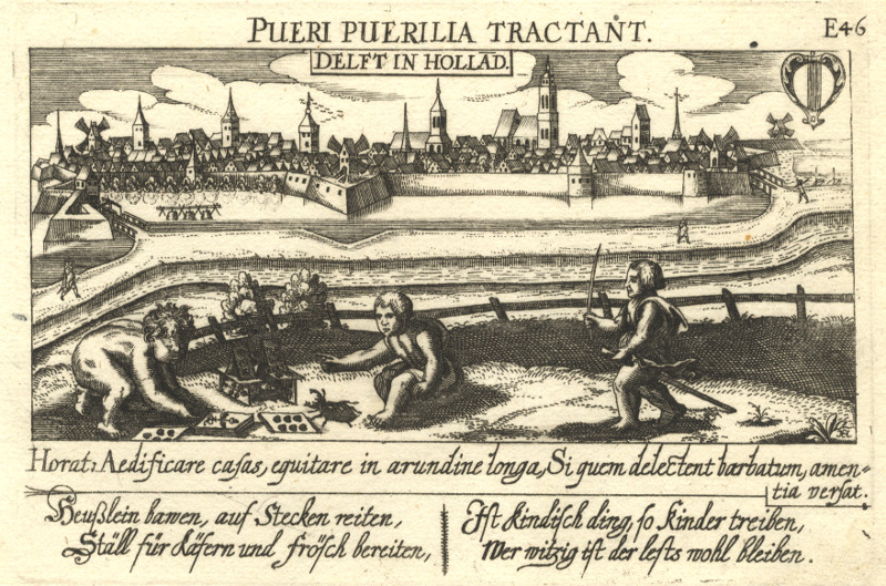 afbeelding van prent Pueri Puerilla Tractant. Delft in Hollad (sic) van Daniel Meisner (Delft)