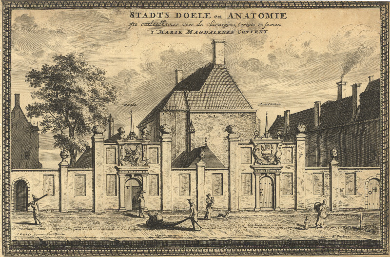 afbeelding van prent Stads Doele en Anatomie ofte ontleedkamer voor de chirurgyns, eertyts te samen van C. Decker (Delft)