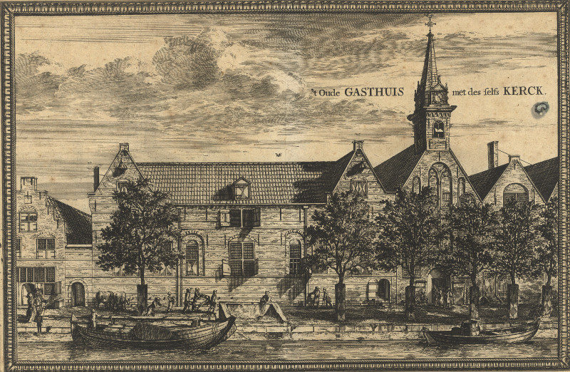 afbeelding van prent ´t Oude Gasthuis met des selfs Kerck van C. Decker (Delft)
