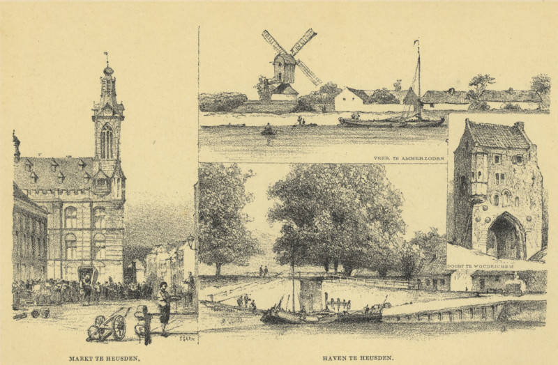 afbeelding van prent Markt te Heusden, Haven te Heusden, Veer te Ammerzoden van P.A. Schipperus (Heusden, Ammerzoden)
