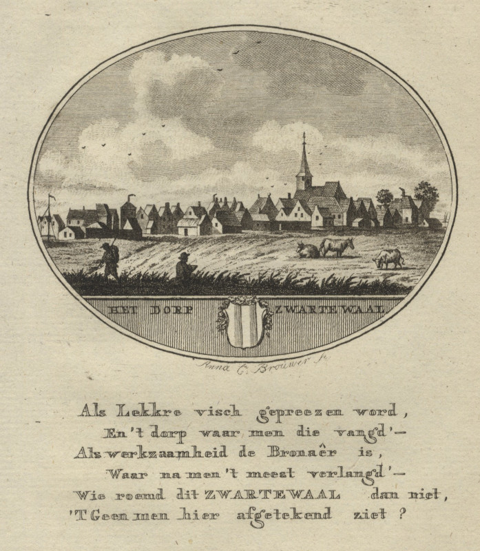 afbeelding van prent Het Dorp Zwarte Waal van Anna C. Brouwer (Zwartewaal)