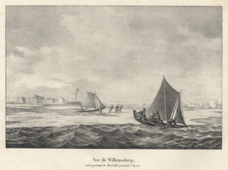 afbeelding van prent Vue de Willemsdorp et du passage du Moerdyk pendant l´hyver van gebr. Jobard (Willemsdorp, Dordrecht, Moerdijk)