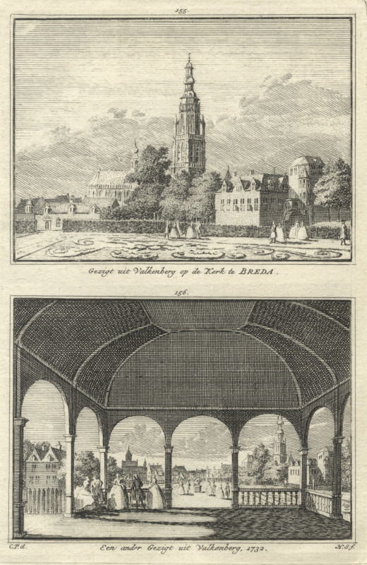 afbeelding van prent Gezicht uit Valkenberg op de Kerk te Breda; Een ander Gezigt uit Valkenberg, 1732 van C. Pronk, H. Spilman (Breda)