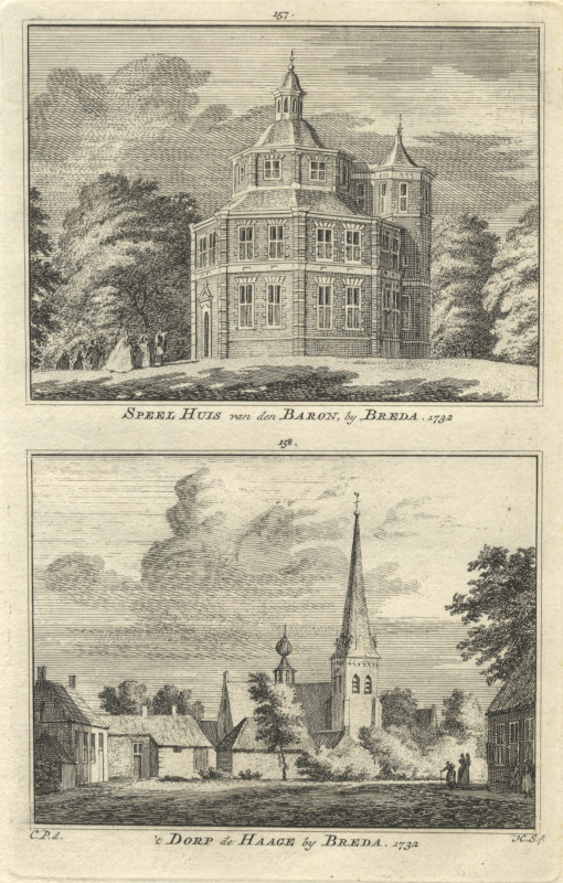 afbeelding van prent Speel Huis van den Baron, by Breda; ´t Dorp de Haage by Breda. 1732 van C. Pronk, H. Spilman (Breda)