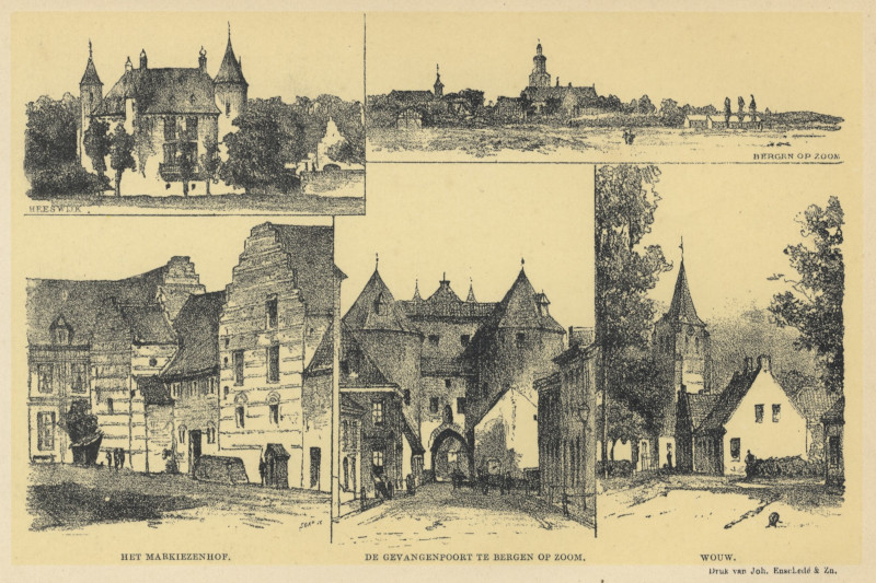 afbeelding van prent Heeswijk, Bergen op Zoom, het Markiezenhof, de Gevangenpoort, Wouw van P.A. Schipperus (Bergen op Zoom)