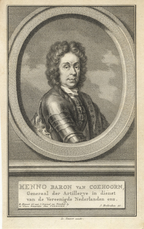 afbeelding van prent Menno Baron van Coehoorn, Generaal de rArtillerye in dienst van de Vereenigde Nederlanden enz van J. Houbraken, R. Keyert naar Netscher (Adel, )