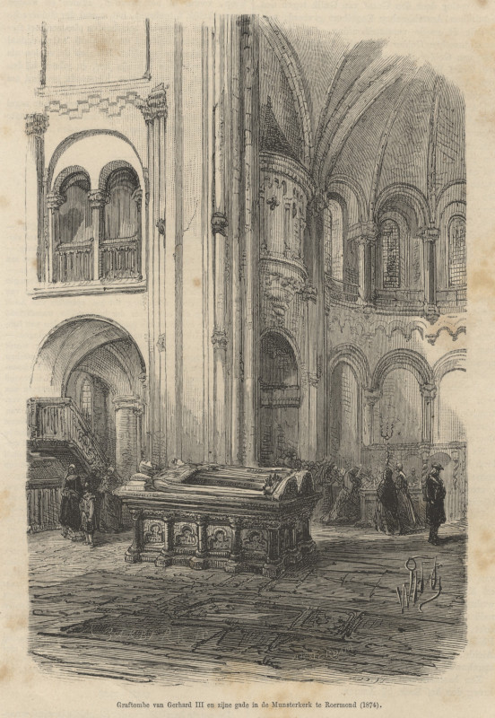 afbeelding van prent Graftombe van Gerhard III en zijn gade in de Munsterkerk te Roermond van A. Barberes (Roermond)