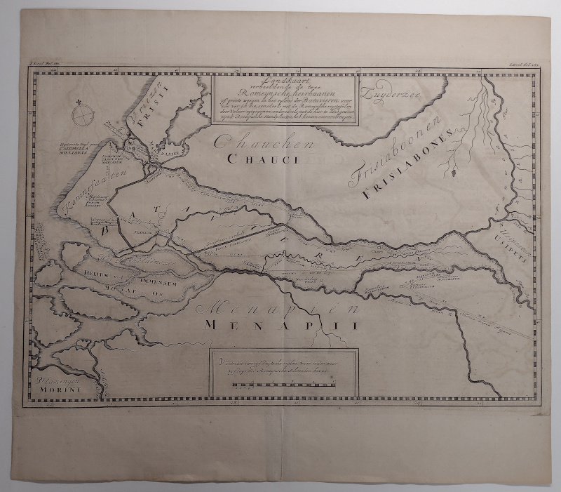 afbeelding van kaart Landskaart verbeeldende de twee Romeynsche heirbaanen of groote weegen in het eyland der Batavieren van Pieter de Hondt