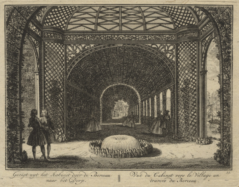 afbeelding van prent Gezigt uyt het kabinet door de Berceau naar het Dorp van Hendrik de Leth (Maarssen)