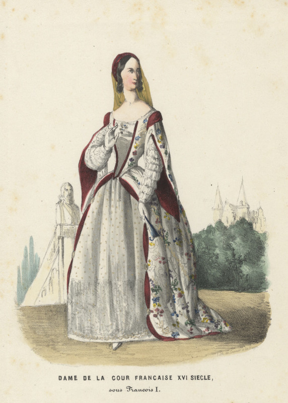 afbeelding van prent Dame de la cour Francaise XVI siecle, sous Francois I  van E. Spanier