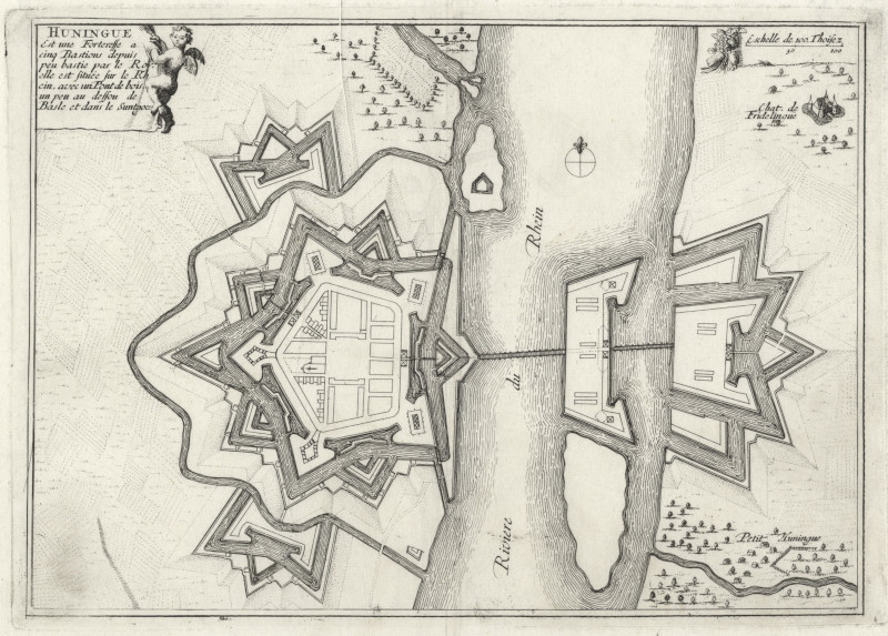 afbeelding van plattegrond Huningue, Est une Forteresse a cinq Bastions depuis peu bastie par le Roy, van H. van Loon, N. de Fer (Huningue)