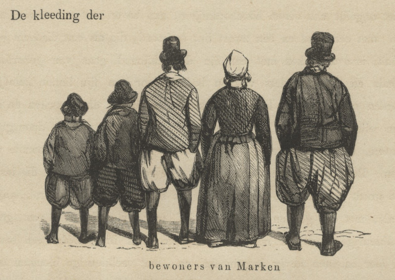 afbeelding van prent De kleeding der bewoners van Marken van nn (Marken)