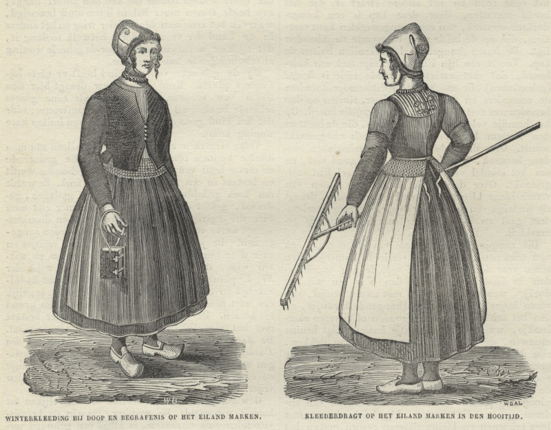 afbeelding van prent Winterkleeding bij doop en begrafenis; Kleederdragt op het Eiland Marken in den Hooitijd van W. Dal