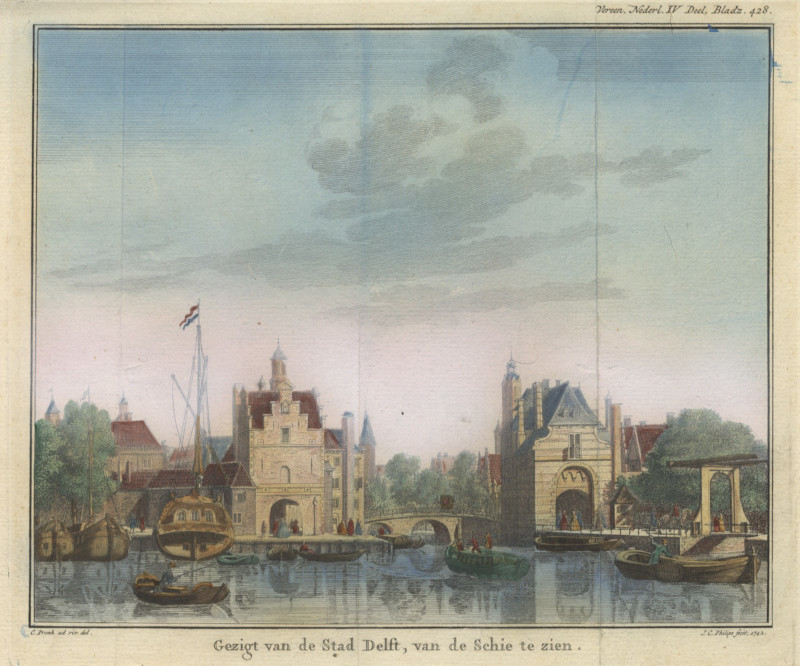 afbeelding van prent Gezigt van de Stad Delft, van de Schie te zien. van C. Pronk, J.C. Philips (Delft)