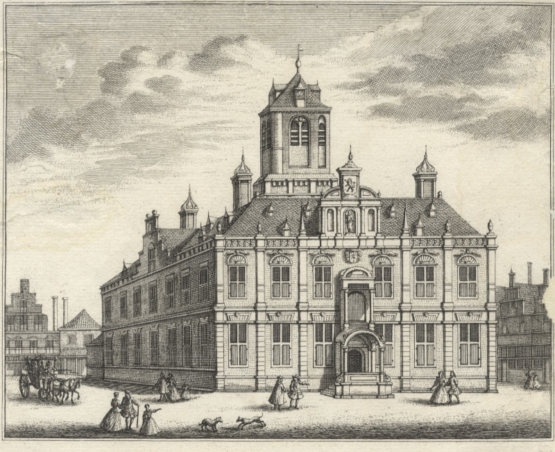 afbeelding van prent Gesigt van het Stadt-huys; Vue de la Maison de Ville van L. Schenk naar A. Rademaker (Delft)