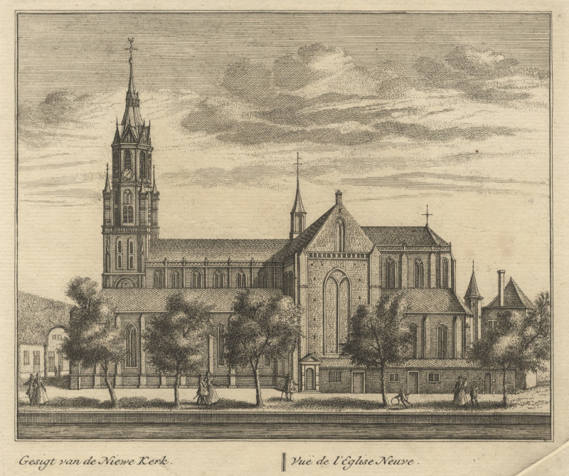 afbeelding van prent Gesigt van de Niewe Kerk; Vue de l´Eglise Neuve van L. Schenk naar A. Rademaker (Delft)