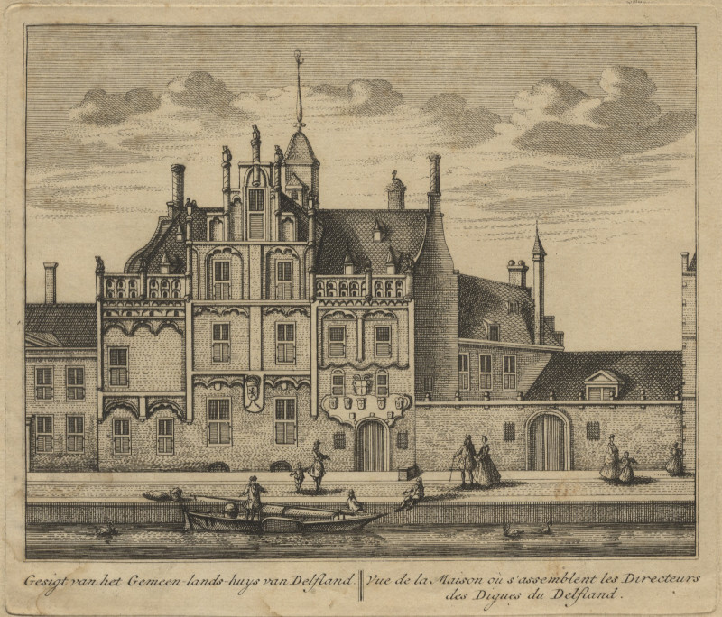 afbeelding van prent Gesigt van het Gemeen-lands-huys van Delfland; Vue de la maison ou s´assemblent les Directeurs van L. Schenk naar A. Rademaker (Delft)