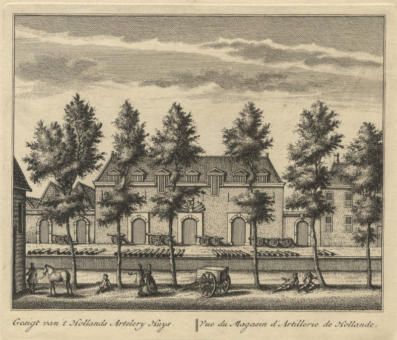 afbeelding van prent Gesigt van ´t Hollands Artelery Huys; Vue du Magasin d´Artillerie de Hollande van L. Schenk naar A. Rademaker (Delft)