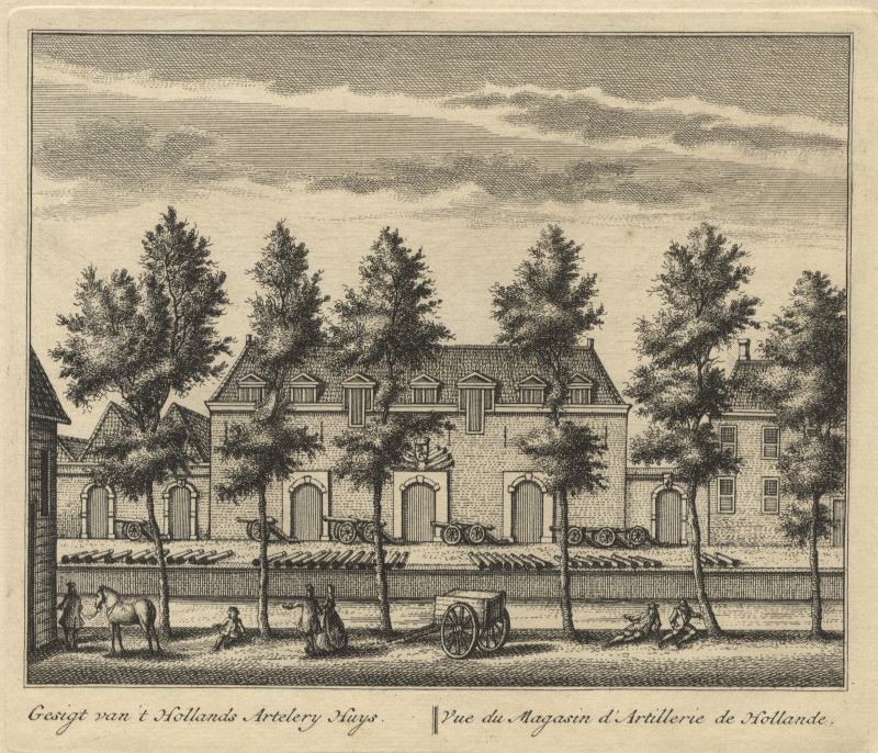 afbeelding van prent Gesigt van ´t Hollands Artelery Huys; Vue du Magasin d´Artillerie de Hollande van L. Schenk naar A. Rademaker (Delft)