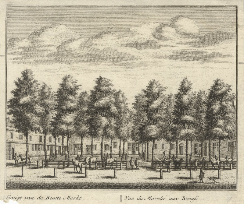 afbeelding van prent Gesigt van de Beeste Markt; Vue du Marché aux Boeufs van L. Schenk naar A. Rademaker (Delft)