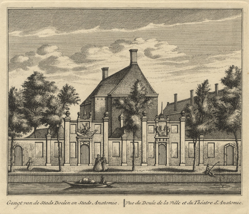 afbeelding van prent Gesigt van de Stads Doelen en Stads Anatomie; Vue du Doule de la Ville et.. van L. Schenk naar A. Rademaker (Delft)