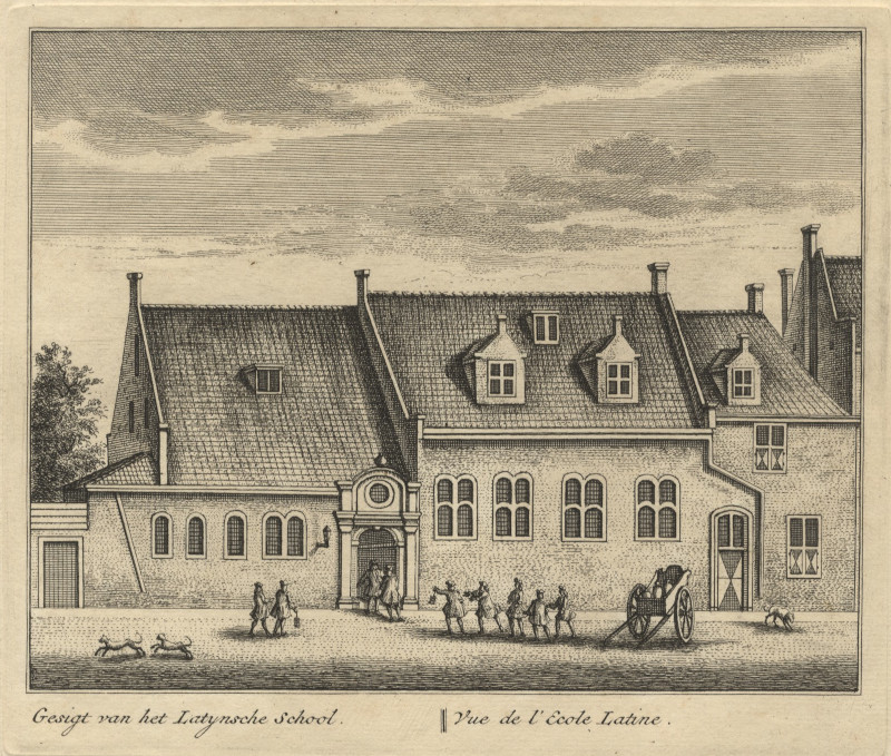 afbeelding van prent Gesigt van het Latynsche School; Vue de l´Ecole Latine van L. Schenk naar A. Rademaker (Delft)