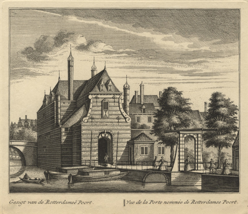 afbeelding van prent Gesigt van de Rotterdamse Poort; Vue de la Porte nommée de Rotterdamse Poort van L. Schenk naar A. Rademaker (Delft)