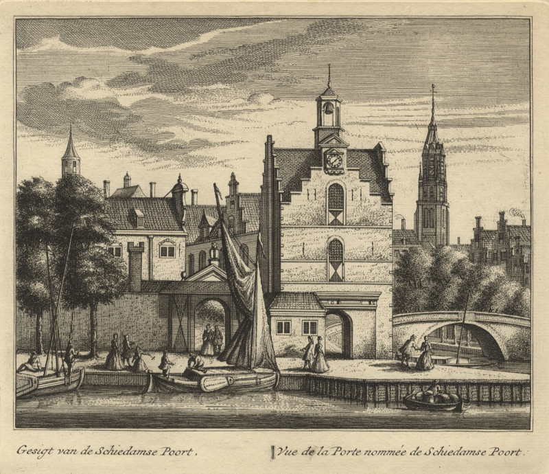 afbeelding van prent Gesigt van de Schiedamse Poort; Vue de la Porte nommée de Schiedamse Poort van L. Schenk naar A. Rademaker (Delft)