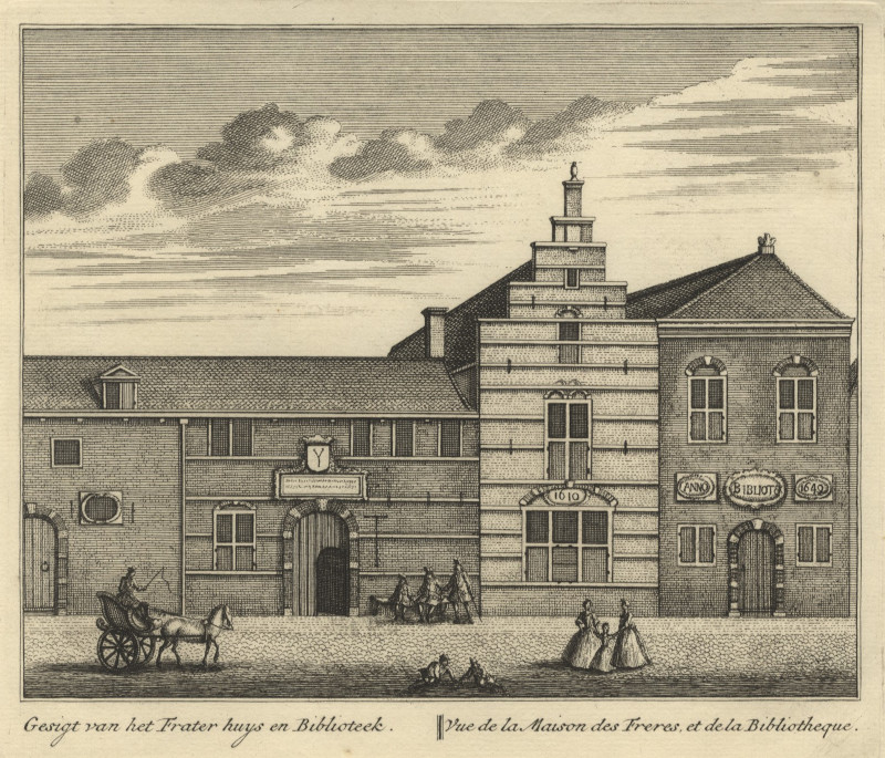 afbeelding van prent Gesigt van het Frater huys en Biblioteek; Vue de la Maison des Freres, et de la Bibliotheque van L. Schenk naar A. Rademaker (Delft)