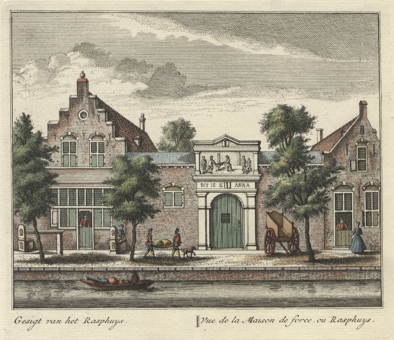afbeelding van prent Gesigt van het Rasphuys; Vue de la Maison de force, ou Rasphuys van L. Schenk naar A. Rademaker (Delft)