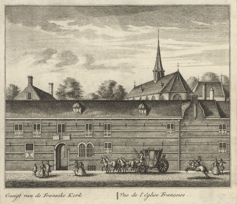 afbeelding van prent Gesigt van de Fransche Kerk; Vue de l´Eglise Francoise van L. Schenk naar A. Rademaker (Delft)