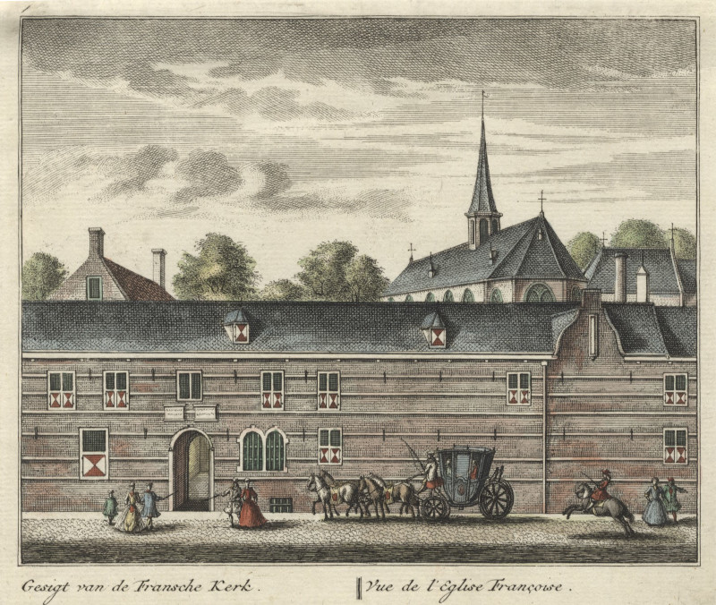afbeelding van prent Gesigt van de Fransche Kerk; Vue de l´Eglise Francoise van L. Schenk naar A. Rademaker (Delft)