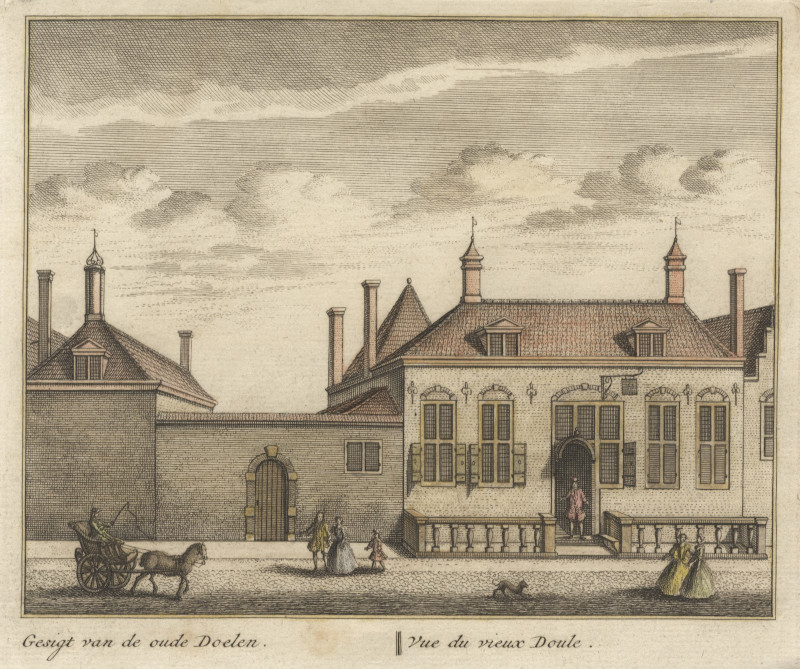 afbeelding van prent Gesigt van de oude Doelen; Vue du vieux Doule van L. Schenk naar A. Rademaker (Delft)