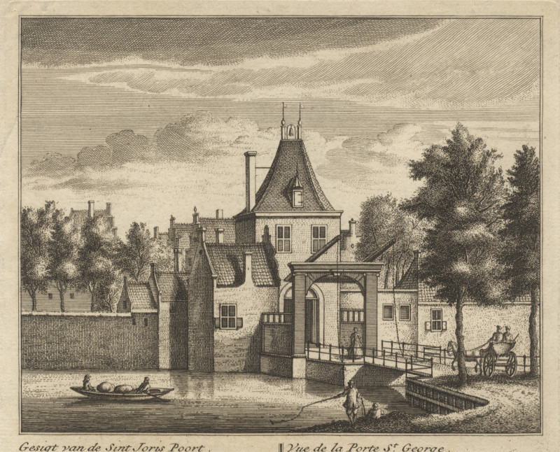 afbeelding van prent Gesigt van de Sint Joris Poort; Vue de la Porte St. George van L. Schenk naar A. Rademaker (Delft)